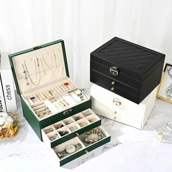 Dyzi 3 Layer PU Leather Jewellery Box Organiser with Drawers White