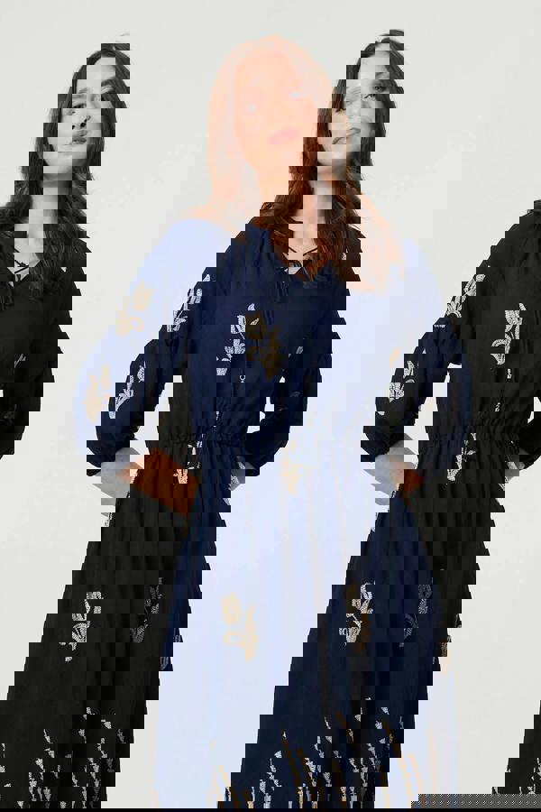 Navy | Floral Embroidered 3/4 Sleeve Maxi Dress