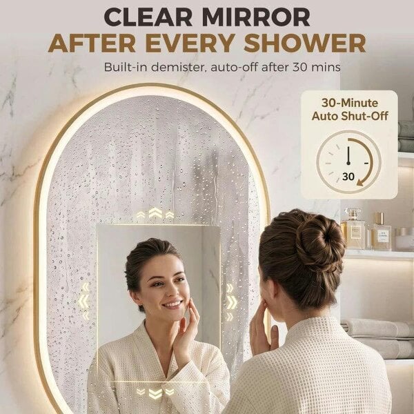 Bathroom Mirror with LED Lights, 100x70cm Oval Bathroom Mirror, Dimmable, Bluetooth, Anti-Fog, Gold Tone