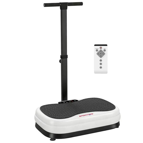 Vibration plate with adjustable handle, textured black platform, side control panel