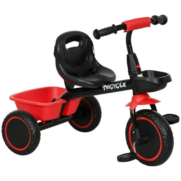 Red kids tricycle with black seat, handlebars, front basket, and three EVA-style wheels