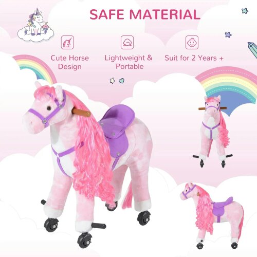 Plush Walking Horse Ride On Toy with Wheels and Realistic Sounds Rocking Horse for Girls Boys 2+ Years Old, 50cm Tall, Pink