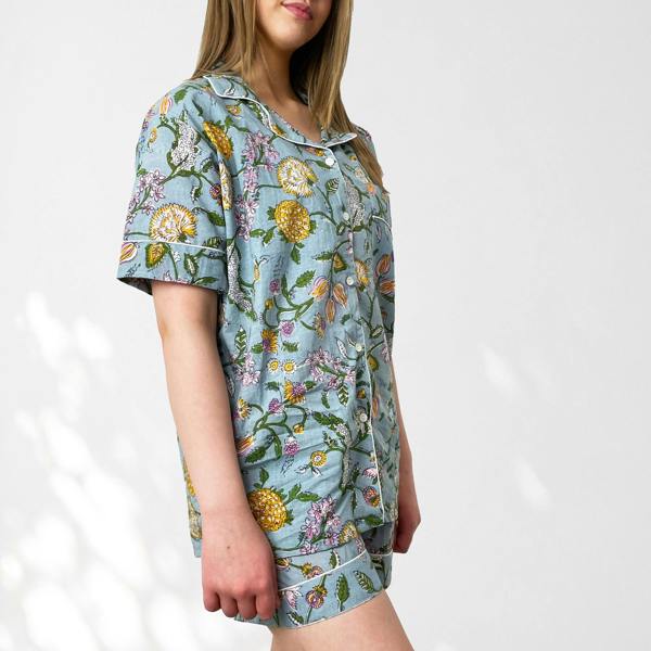 Hayley & Co Pale Blue Block Print Floral 100% Cotton Short Pyjama Set