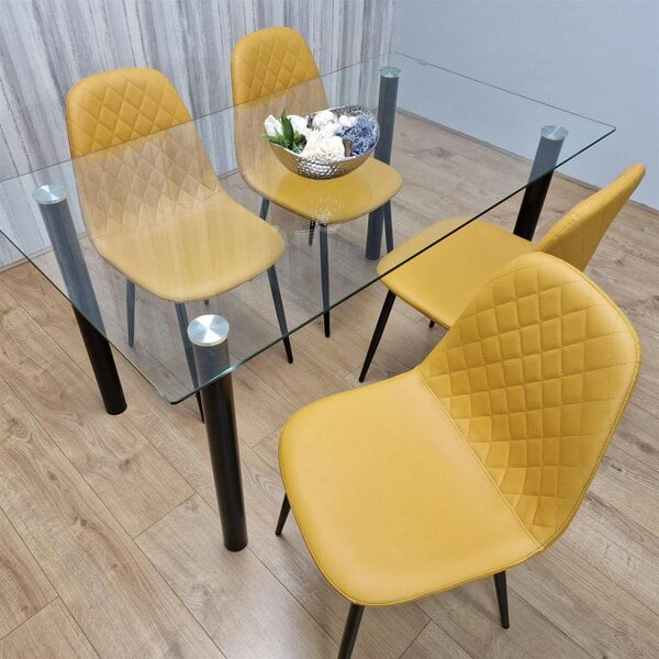 Kosy Koala White Clear Glass Dining Table with 4 Mustard Chairs Dining Room Furniture 120cm
