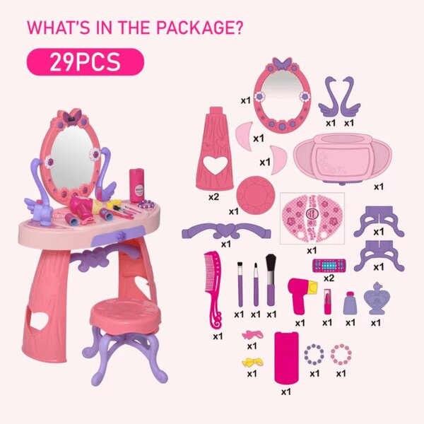 HOMCOM Kids Pretend Play Plastic Vanity Table Set Pink/Purple