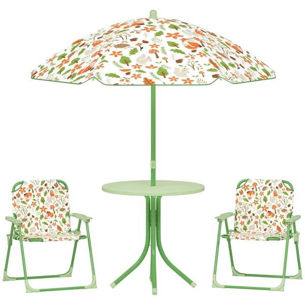 Kids garden table with adjustable parasol and two folding chairs, green frame, nature print