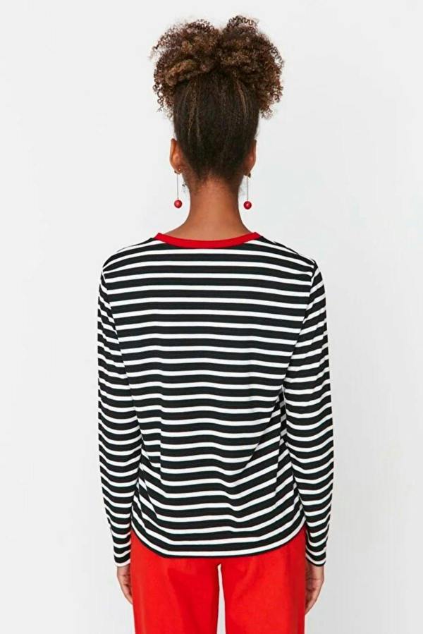WOVCOR Striped Crew Neck Colorful Ribbed Knit T-Shirt