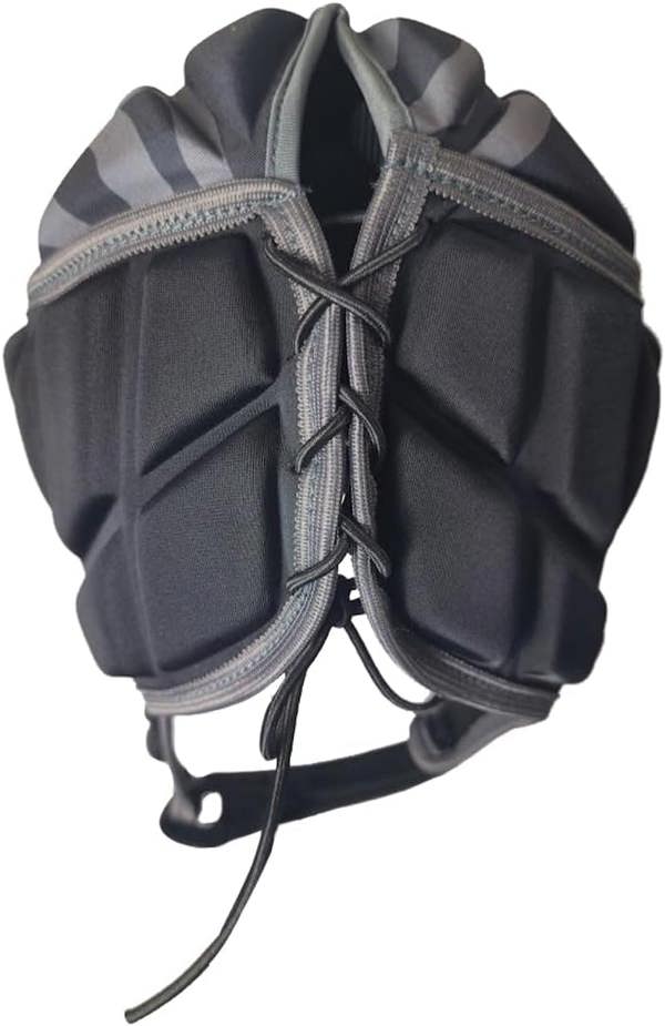 Black Optimum rugby headguard rear view with padded panels, lace adjuster and grey trim, on white - Optimum