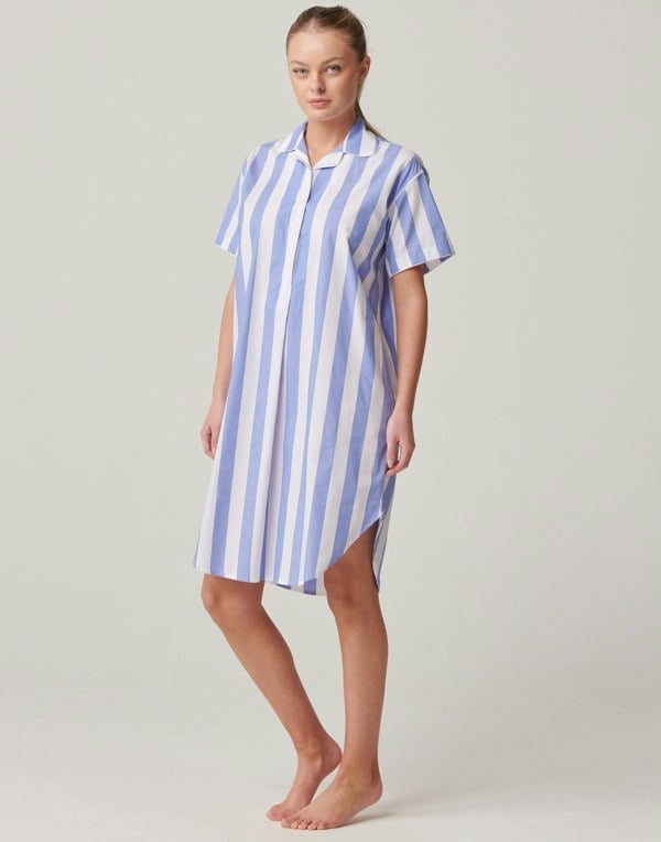 British Boxers Women's Crisp Cotton Short Sleeve Nightshirt – Boat Blue Stripe