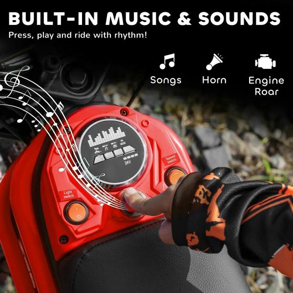 Red electric motorbike dashboard with display panel and hand on throttle