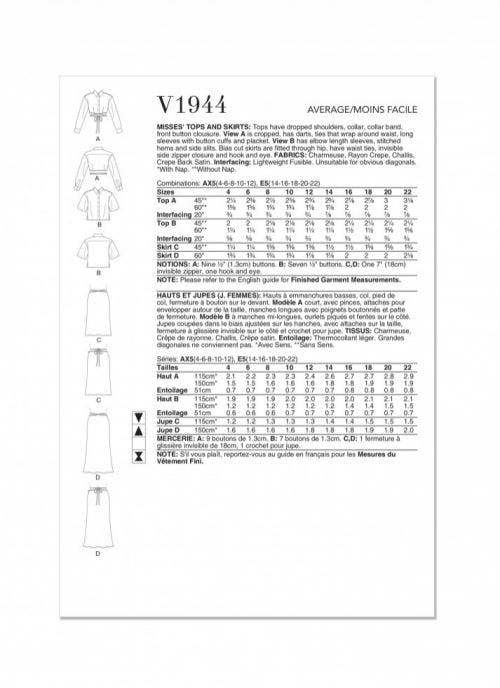 Vogue Sewing Pattern 1944, Tops, Shirts, Skirts for Women, AX5 (4-6-8-10-12) - Intermediate