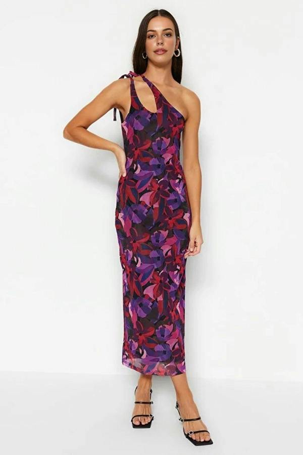 WOVCOR Asymmetrical Collar Tulle Lined Fitted Maxi Stretch Knit Pencil Dress