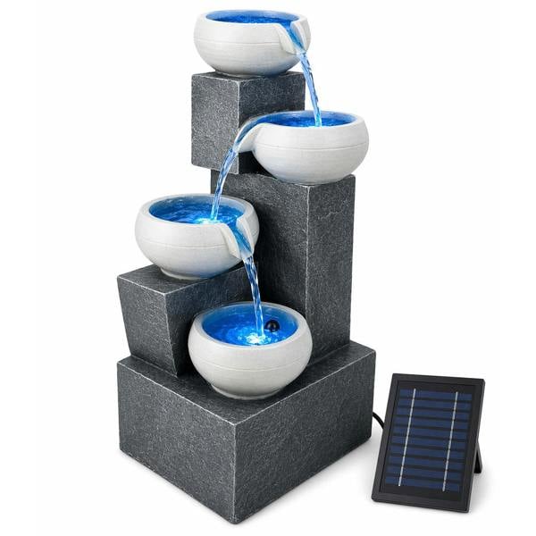 Gardenwize Solar Water Feature – 4 Tier Tabletop Fountain with LED Lights & Battery Backup