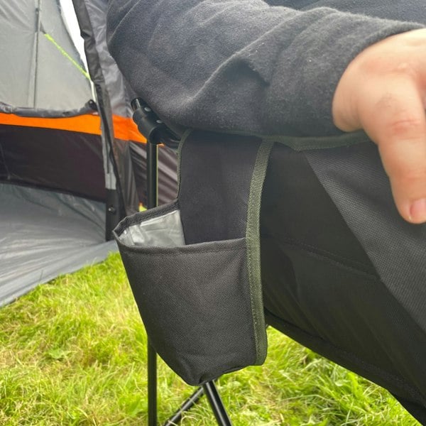 A closeup image of the cupholder of the Olympus XL Camping Chair Black & Green from OLPRO.