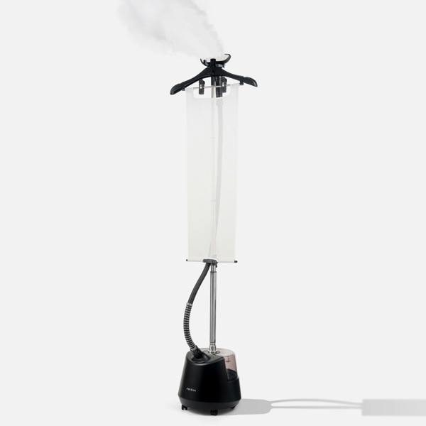 The Fridja f1200 Clothes Steamer Pro - Refurbished features a black base, transparent steam tube, and hanger top emitting visible steam for a premium steaming experience, shown on a plain white background.