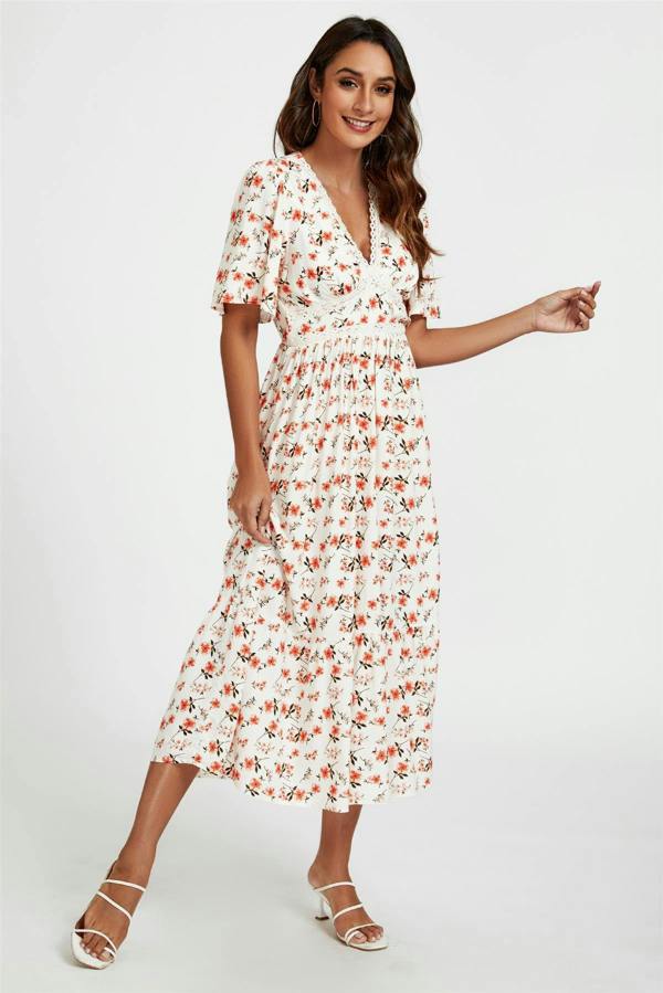 FS Collection Red Floral Print Lace Detail Angel Sleeve Midi Dress In Cream