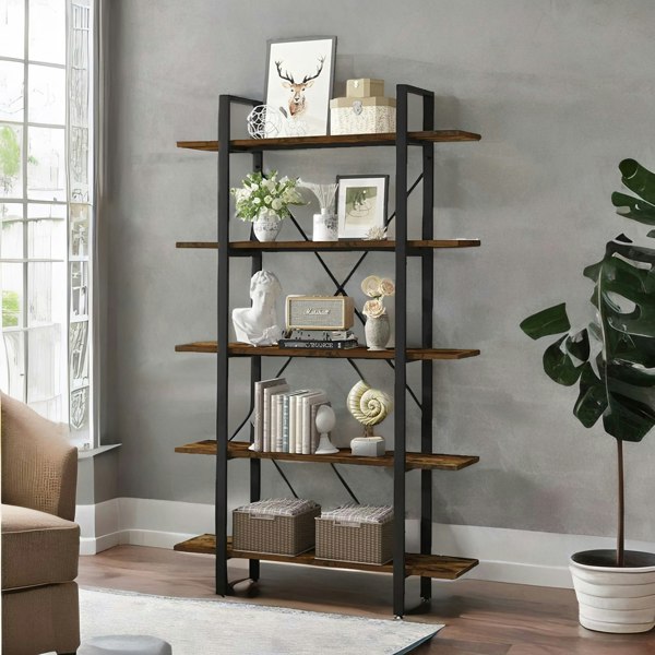 Rafaelo Mobilia Industrial 5 Tier Walnut Brown Bookcase