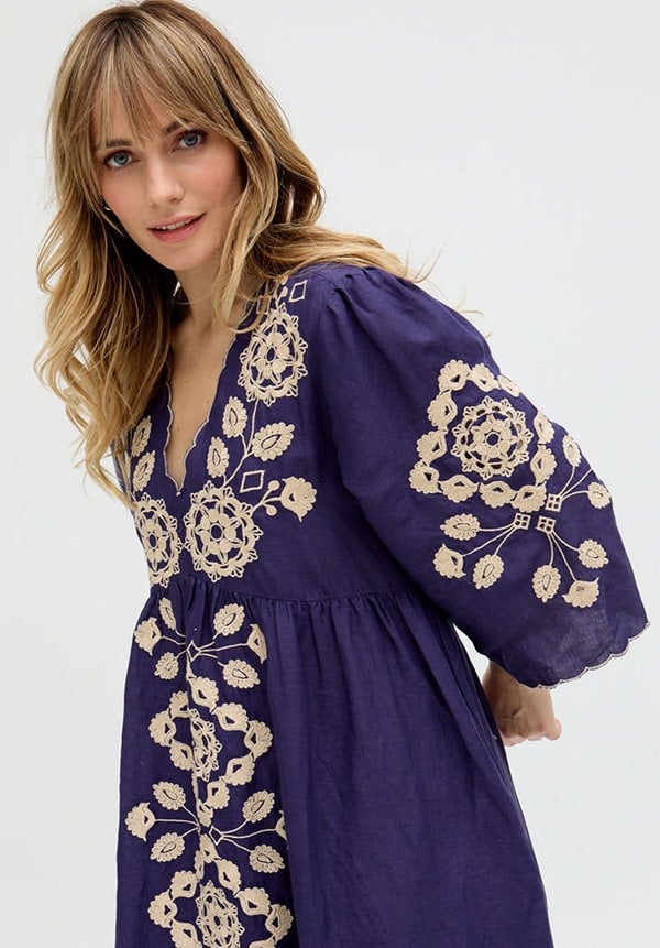 Raffya Arianna V- Neck Embroidered Maxi Dress In Blue