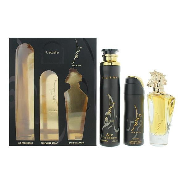 Lattafa Maahir Eau de Parfum 100ml, Air Freshener 300ml + Body Spray 200ml Gift Set