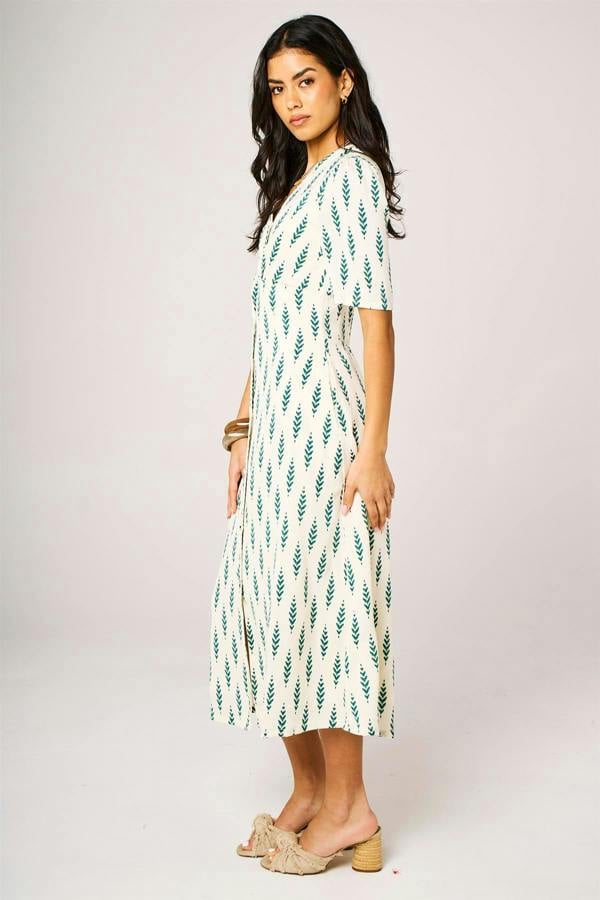 FS Collection Green Leaf Print Button Front Midi Dress In White