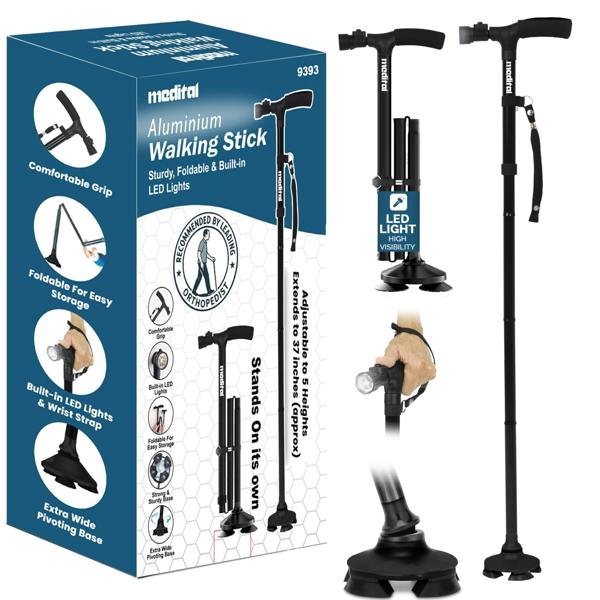 MEDITAL Folding Walking Stick with LED Light 84.5 - 94.5cm Adjustable Walking Cane - Foldable Walking Stick with Extra Wide Pivoting Base