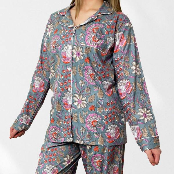 Hayley & Co Block Print Floral 100% Cotton Long Pyjama Set in Grey and Pink