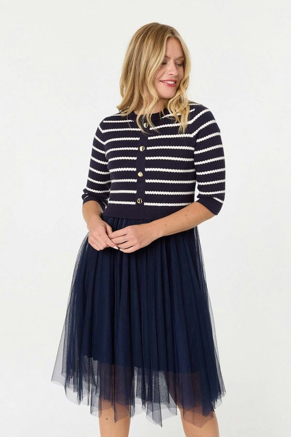 Navy | Striped Knit Mesh Hanky Hem Midi Dress
