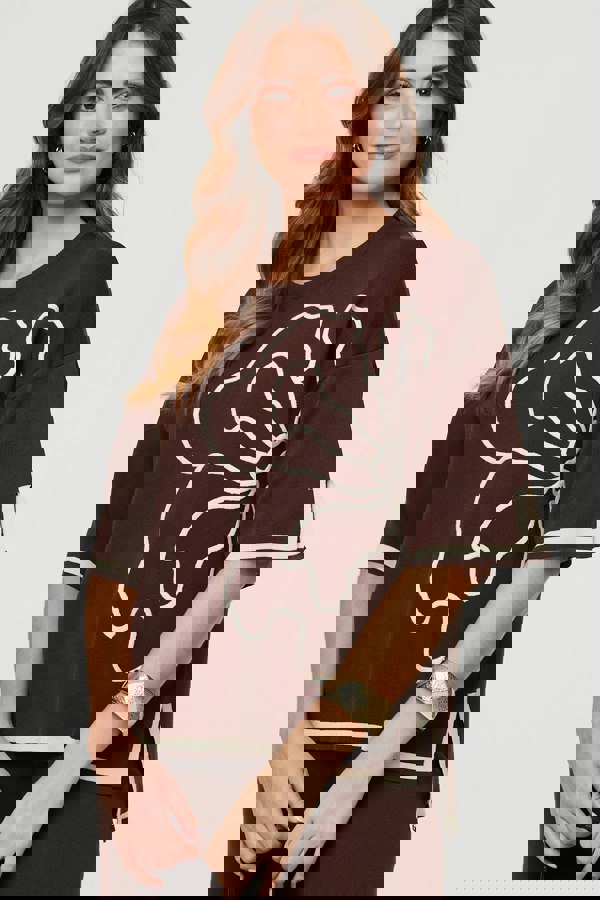 Brown | Floral Trim Top & Trousers Co-Ord Set
