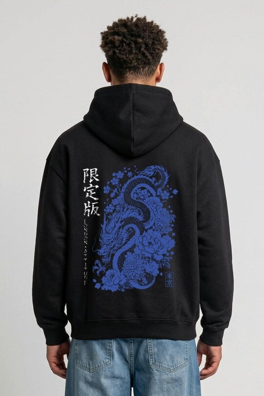 London Attitude Oversized Heavyweight Japanese Dragon Graphic Hoodie