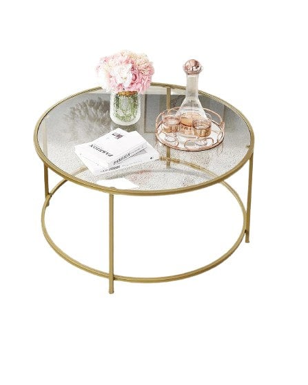 Modcraft Round Glass Coffee Table with Gold Metal Frame – Modern Living Room Centre Table
