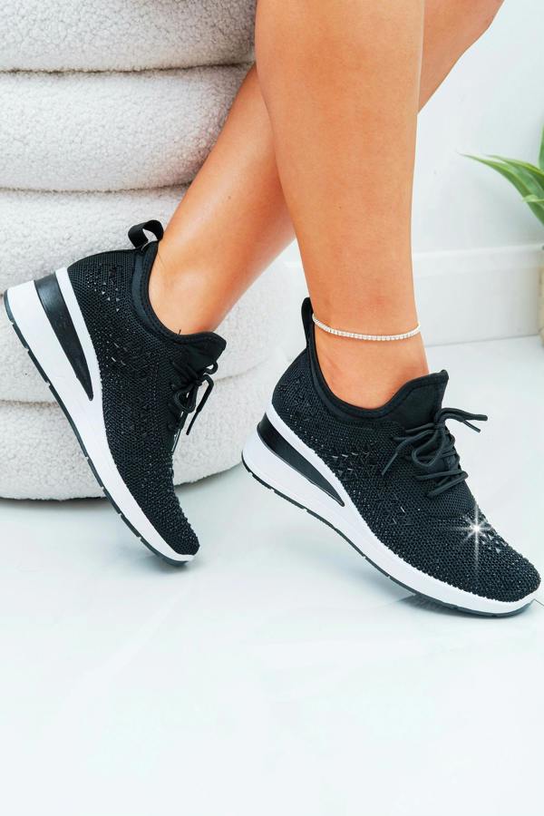 Love Lemonade Crystal Stretch Comfort Wedge Trainers Black