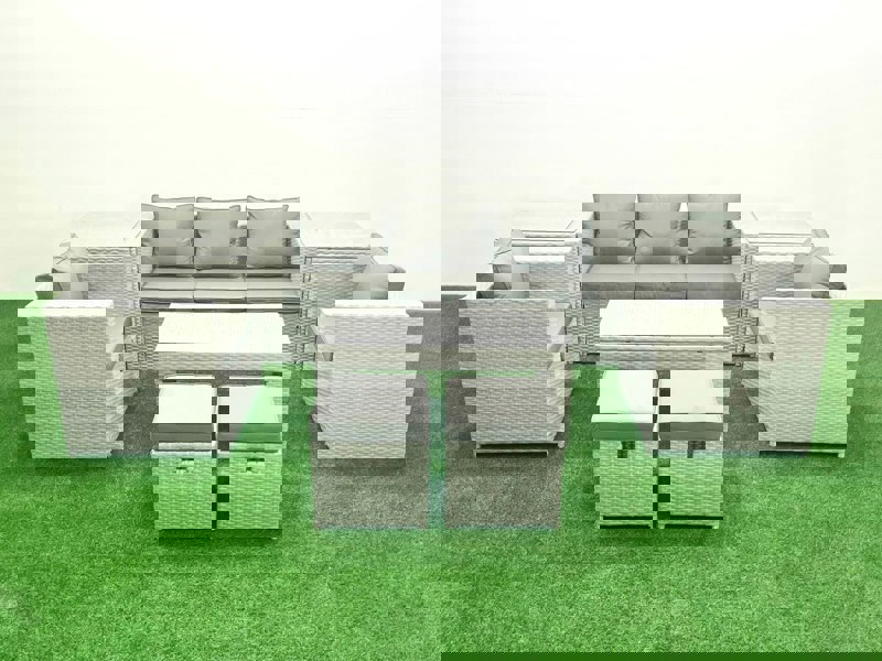 Fimous Rattan Garden Furniture Set 7 Seater Outdoor Garden Sofa Oblong Coffee Table Set with 2 Chairs 2 Stools 2 Side Tables Light Grey Mixed