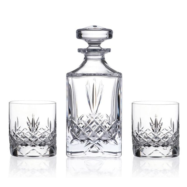 Diamante Buckingham Cut 3 Piece Crystal Whisky Set Packaged in a Luxurious Satin Lined Gift Box - Lead Free Crystal