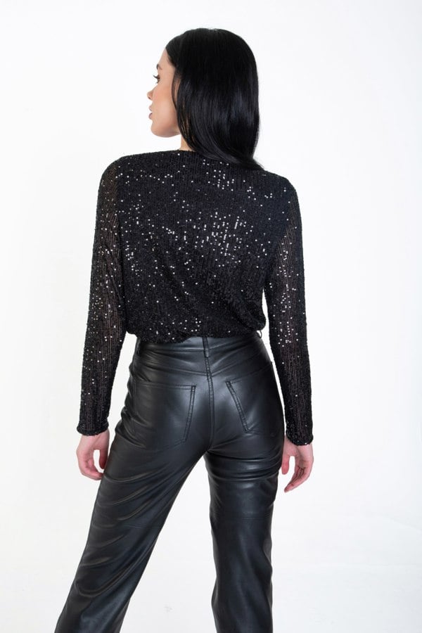 Gini London Black Sequin Wrap Long Sleeves Bodysuit