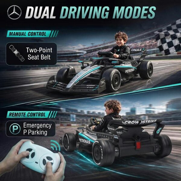 Licensed Mercedes-AMG PETRONAS F1 12V Electric Go Kart for Kids with Remote, Rear Suspension, Soft Start and 3 Speeds