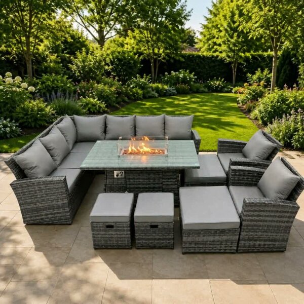 Fimous Poly Rattan Outdoor Patio Gas Firpit Dining Table Corner Sofa Set with 4 Stools 2 Chairs for Garden Backyard Dark Grey Mixed