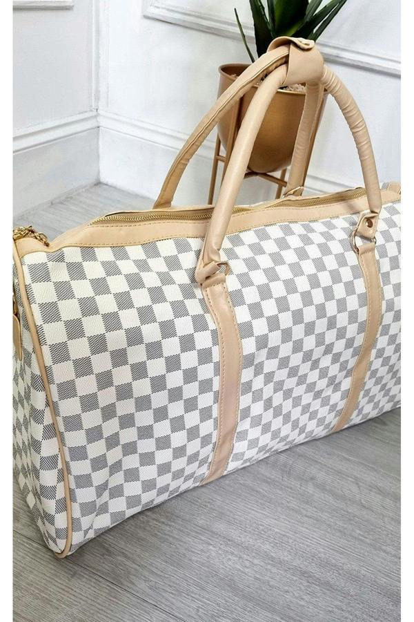 Indigo Checked Print Overnight Bag - White