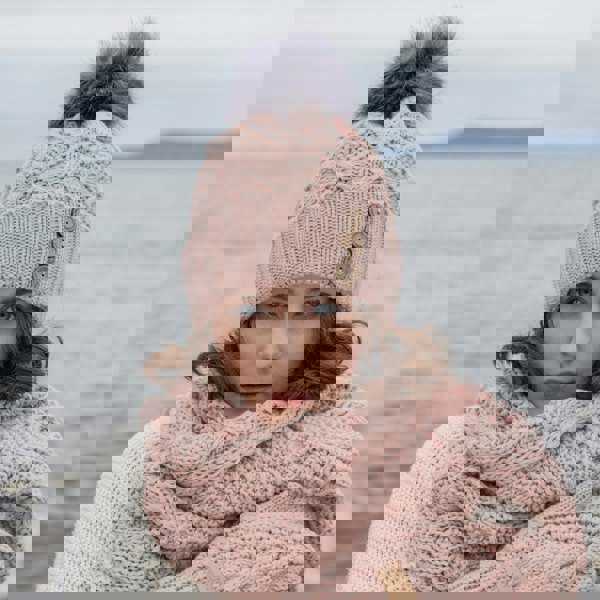 Aran Diamond Cable Button Hat Fisherman Stitch Pom Pom Hat | Chunky Rib Knit with Faux Fur Pom Pom