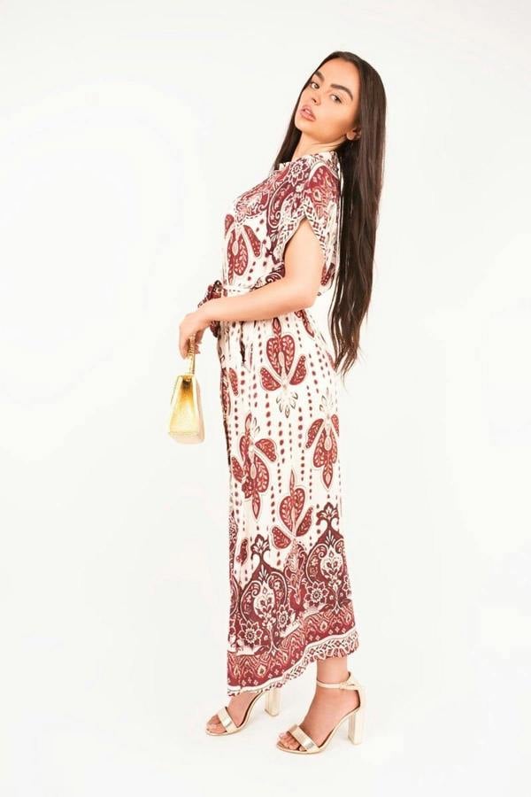 Lianne Collared Short Sleeve Midi Dress With Tie Waist - Red