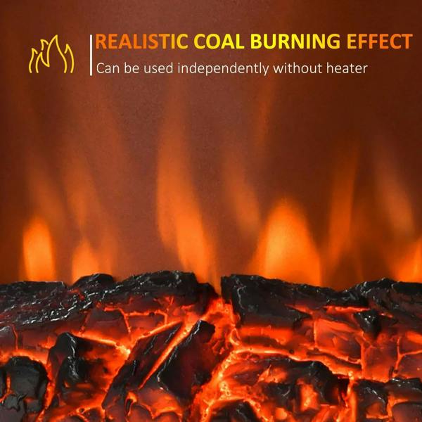 Close-up of golden electric fireplace coal-style LED flame glow
