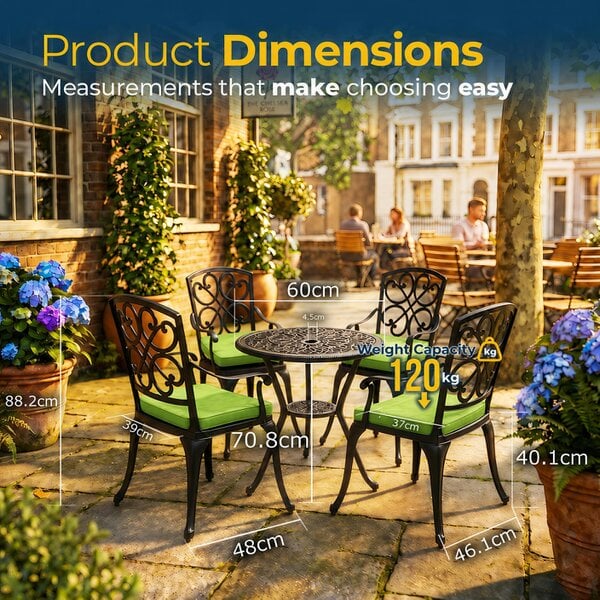 Homeology VIVALDI Black 5-Piece Cast Aluminium Garden Bistro Set - with Green Cushions