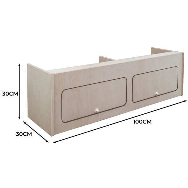 Overhead camper cabinet in light wood finish, featuring two spacious drawers, measuring 100cm x 30cm x 30cm, ideal for storage