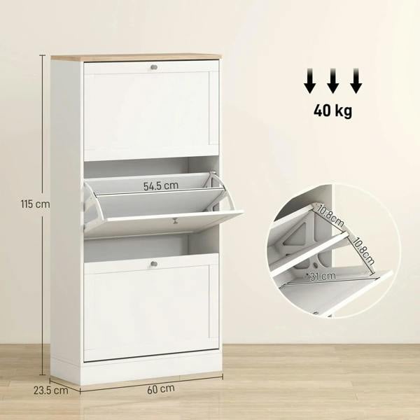 White flip-door shoe cabinet with open inner compartments and drawers
