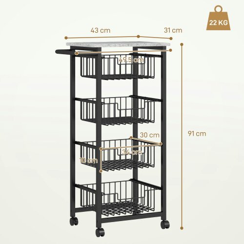 Wyld Haus Fimado Metal Grey And Black 4 Basket Mobile Kitchen Trolley With Locking Wheels