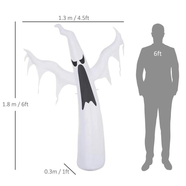 White inflatable ghost decoration with black face; size shown vs person