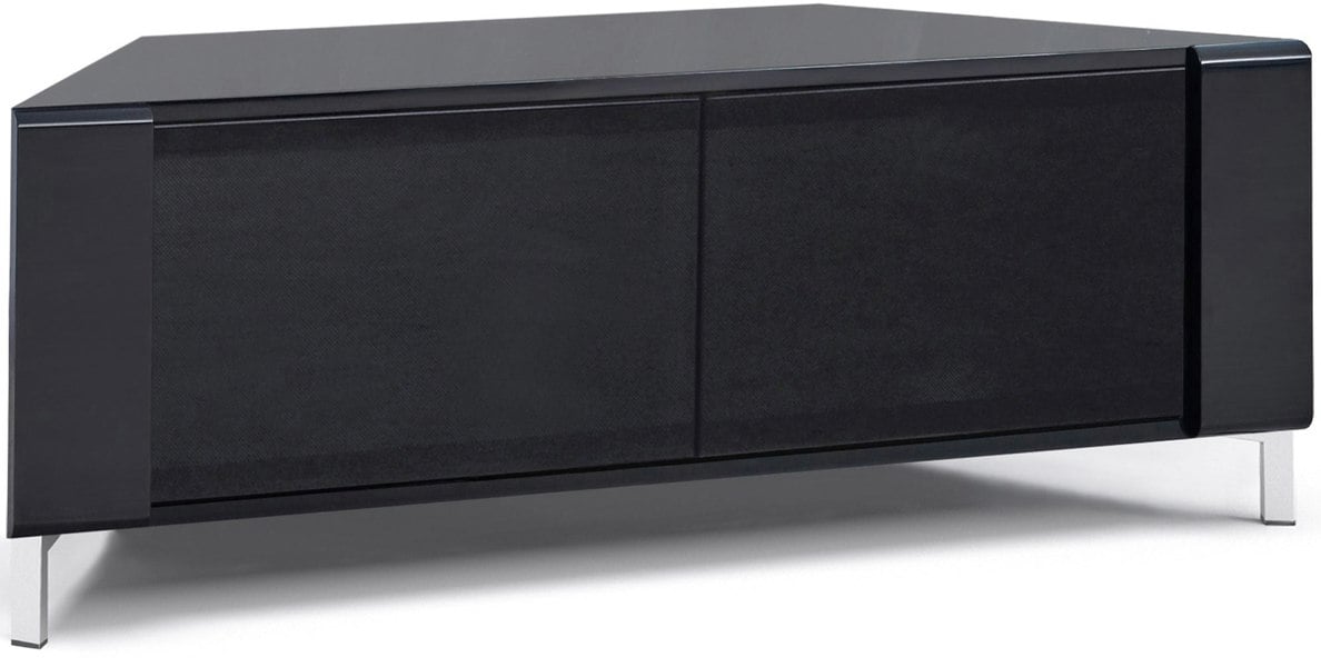 MDA Designs CORVUS Corner-Friendly Gloss Black Contemporary Cabinet with BeamThru Glass Doors Modern Space-Saving Stand for Flat Screen TVs up to 50"