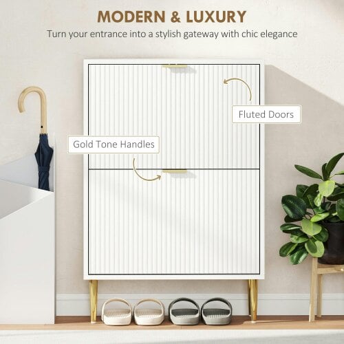 Wyld Haus Baviva Wooden White Elegant 2 Drawer Shoe Cabinet Ribbed Design