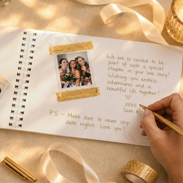 Handwriting a message next to an instant photo taped into the Personalised Botanical Soft Pink Wedding Guest Book by Abode Home & Gifts