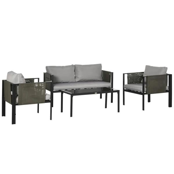 Outdoor 4-piece patio set with loveseat, 2 armchairs, and light grey tempered glass coffee table