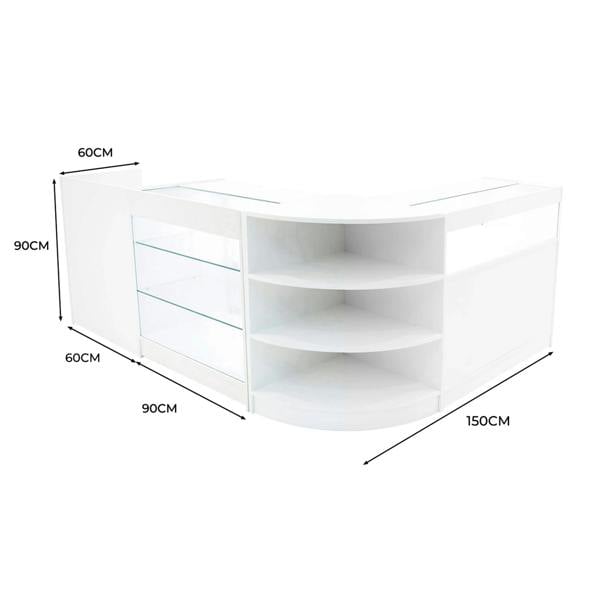 Curved white LED shop counter set with glass shelves, measuring 150cm wide, 90cm deep, and 90cm high, ideal for displays